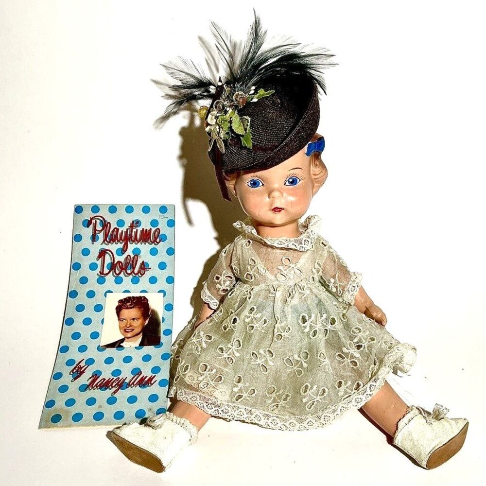 VTG Nancy Ann Playtime Doll Lace Dress Feathered Hat Blue Eyes w Booklet 50s-55s